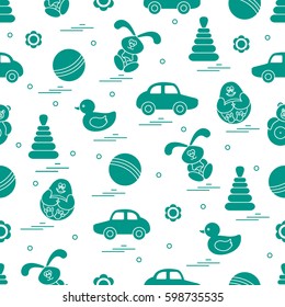 Vector pattern of different toys: car, pyramid, roly-poly, ball, hare, rattle, duck, penguin. Design element for postcard, banner, flyer, poster or print.