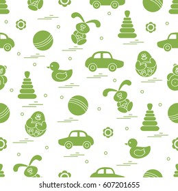 Vector pattern of different toys: car, pyramid, roly-poly, ball, hare, rattle, duck, penguin. Design element for postcard, banner, flyer, poster or print.