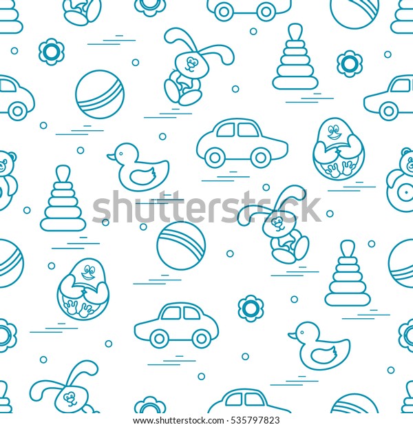 Vector pattern of different toys: car,\
pyramid, roly-poly, ball, hare, rattle, duck, penguin. Design\
element for postcard, banner, flyer, poster or\
print.