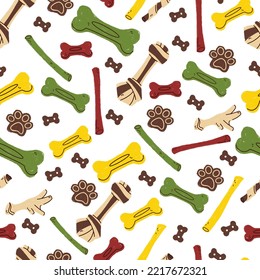Vector pattern of different treats for dogs. Colored treats of different types and shapes on a white background.