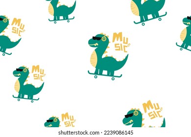 Vector pattern dino listening music on skateboard concept design illustration