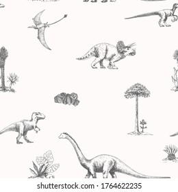 Vector pattern with dinosaurs and palm trees. Retro wallpaper. Tyrannosaurus, triceratops, brachiosaurus