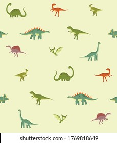 Vector pattern with dinosaurs. seamless background for kids. Jurassic Park. Paleontology. Baby cloth. Cartoon dinosaurs. Triceratops, tyrannosaurus, pterodactyl, brachiosaurus, stegosaurus.
