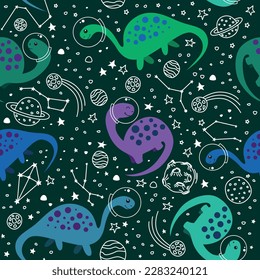 Vector pattern with dinosaurs in space. Dinosaurs astronauts for wrapping paper, fabric.