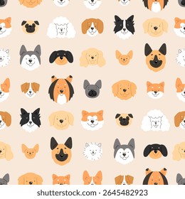 Vector pattern with сartoon dogs breeds. Seamless pattern with cute dog faces on beige background.