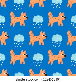 Vector pattern with dogs and rain on a blue background. For textiles, fabric, background, wrapping paper, children's room, decor.