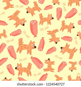 Vector pattern with dogs and sausage on yellow background. For textiles, fabric, background, wrapping paper, children's room, decor.
