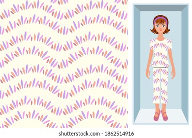 Vector Pattern. A doll in a box is an example of using a pattern on a pajamas. Seamless pattern for textile, small zigzag strokes elegant for fabric design on light background