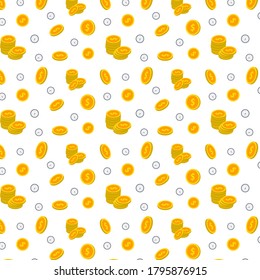 Vector pattern with dollar coin, stocked coins from different perspective, and clocks. Coin and clock background. Time is money pattern background. Fashion pattern for print, wrapping paper.