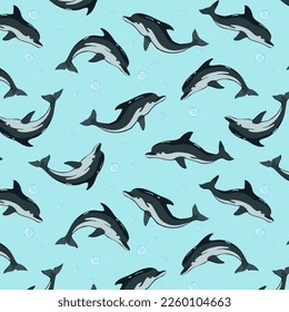 Vector pattern with dolphins.Flocks of dolphins on a colored background with bubbles in a vector pattern.