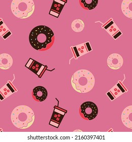 Vector pattern with donuts and coffee cups; for greeting cards, invitations, packaging, posters, banners, web design.