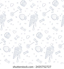 Vector pattern with doodle drawings of sweets on a white background. Seamless background delicate for birthday party.
