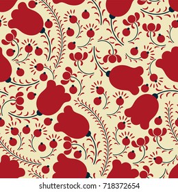 Vector pattern with doodle flowers and berries.