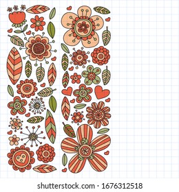 Vector pattern with doodle flowers and leaves