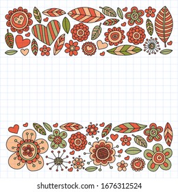 Vector pattern with doodle flowers and leaves