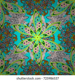 Vector pattern. Doodle flowers seamless pattern. Blue, green and white hand drawn pattern. Art inspiblue, green and white style flowers and leaves background.