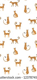 vector pattern with doodle leopards in possess on white background.