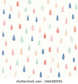 Vector pattern with doodle rain drops. Seamless cute background in mint, mustard yellow and pink. Hand drawn abstract background.