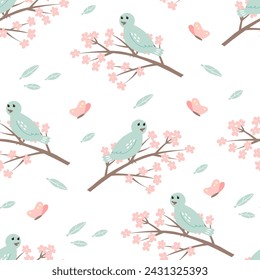 Vector pattern in doodle style with birds and cherry blossom branches. Delicate, spring floral background.