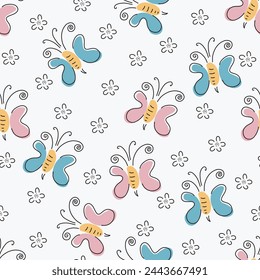 Vector pattern with doodle style butterfly. Outlines of butterflies are great for print gift paper, wedding greeting cards and textile