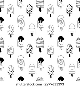Vector pattern in doodle style. Hand drawn ice cream on a stick. Line. Black and white.
