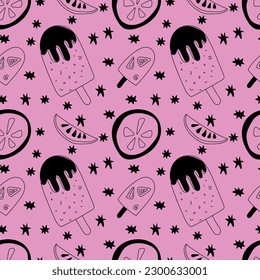 Vector pattern in doodle style. Hand drawn ice cream on a stick, slices of fruit on a pink background. Line. Black.