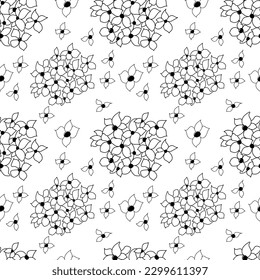 Vector pattern in doodle style. Hand-drawn stylized hydrangea flowers on a white background. Line. Black.