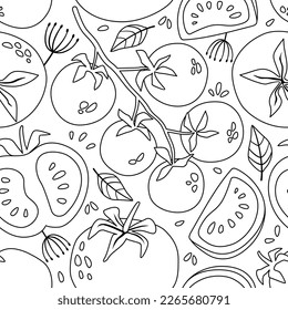 Vector pattern with doodle tomatoes. Texture for textile, paper, wallpaper. Coloring book for kids.