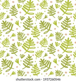 С patrón vectorial colorido con hojas tropicales de doodle para niños. Fern. Adecuado para decoraciones de vacaciones, envolvimiento de regalo y papel, invitaciones, textiles, fondos.