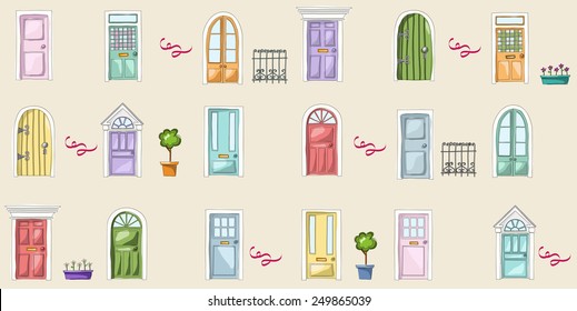 Vector pattern of doors. Cute doors of home, apartment and others buildings.Sweet hand drawing illustration. Pink, yellow, green, red, blue.