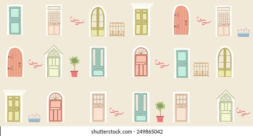 Vector pattern of doors. Cute doors of home, apartment and others buildings.Sweet hand drawing illustration. Pink, yellow, green, red, blue.