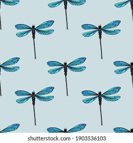 Vector pattern with dragonflies on a blue background. Seamless pattern with beautiful dragonflies in doodle style.