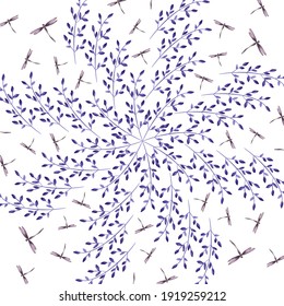 Vector pattern with dragonflies on a floral background. Flower mantra. Vintage fabric design.