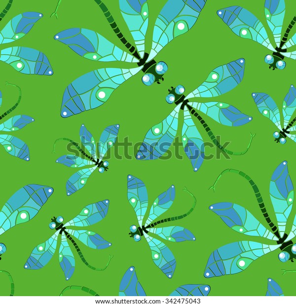 Vector Pattern Dragonflies On Green Background Stock Vector (Royalty ...