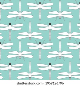 vector pattern with dragonflies on a mint background. insects