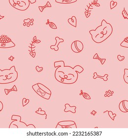 Vector pattern, drawing of dogs, cats, pet food and toys, doodle. The background is seamless. Vector graphics.	