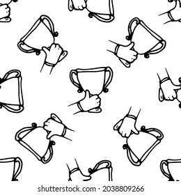 Vector pattern of a drawing of a hand with a raised cup. Seamless cup pattern hand-drawn in doodle style, black outline on white background, isolated victory symbol for template design