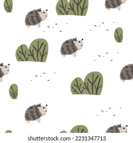 Vector pattern drawing with a hedgehog. Hand drawn vector graphics. Christmas wrapping paper. Use on bed linen, baby clothes, tablecloth, fabric