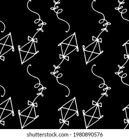 Vector pattern Drawing of a kite in an abstract style on a black background. hand-drawn doodle-style kite in the shape of a diamond with bows on a string, a white line and geometrically arranged