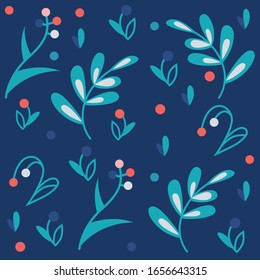 Vector pattern. Drawn abstraction berries and leaves on a blue background.