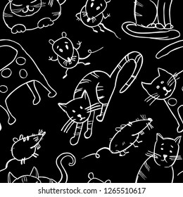 Vector pattern of drawn cartoon cats and rats