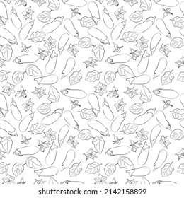 Vector pattern drawn strokes is seamless with set of eggplants in different positions, sliced, whole, eggplant leaves. Farm.