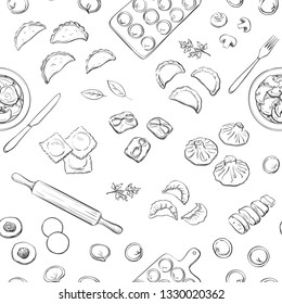 Vector pattern with dumplings of different types on a white background