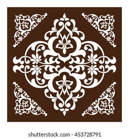 Vector pattern in East, Asia style as a template for tiles, backgrounds, covers, postcards, wallpapers, textiles. White floral swirls on a brown backdrop.
