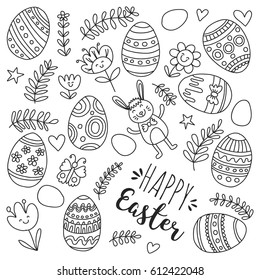 Vector pattern for Easter Eggs, flowers, bunny Happy easter pattern Coloring page