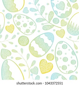 Vector Pattern with Easter Eggs, plants, hearts.