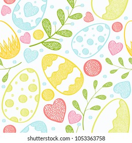 Vector Pattern with Easter Eggs, plants, hearts.