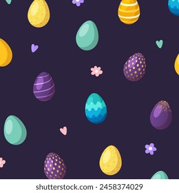 Vector pattern for Easter holiday with different colorful painted eggs.