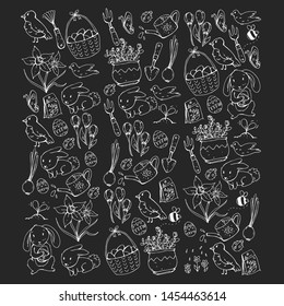 Vector pattern with easter and spring elements. Eggs in basket, bunny, flowers, birds