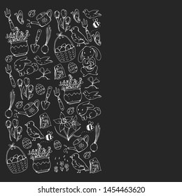Vector pattern with easter and spring elements. Eggs in basket, bunny, flowers, birds